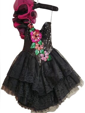 Vintage 1990 Loralie One-Shoulder Lace Prom Dress Black & Pink Sz 8.   #K11